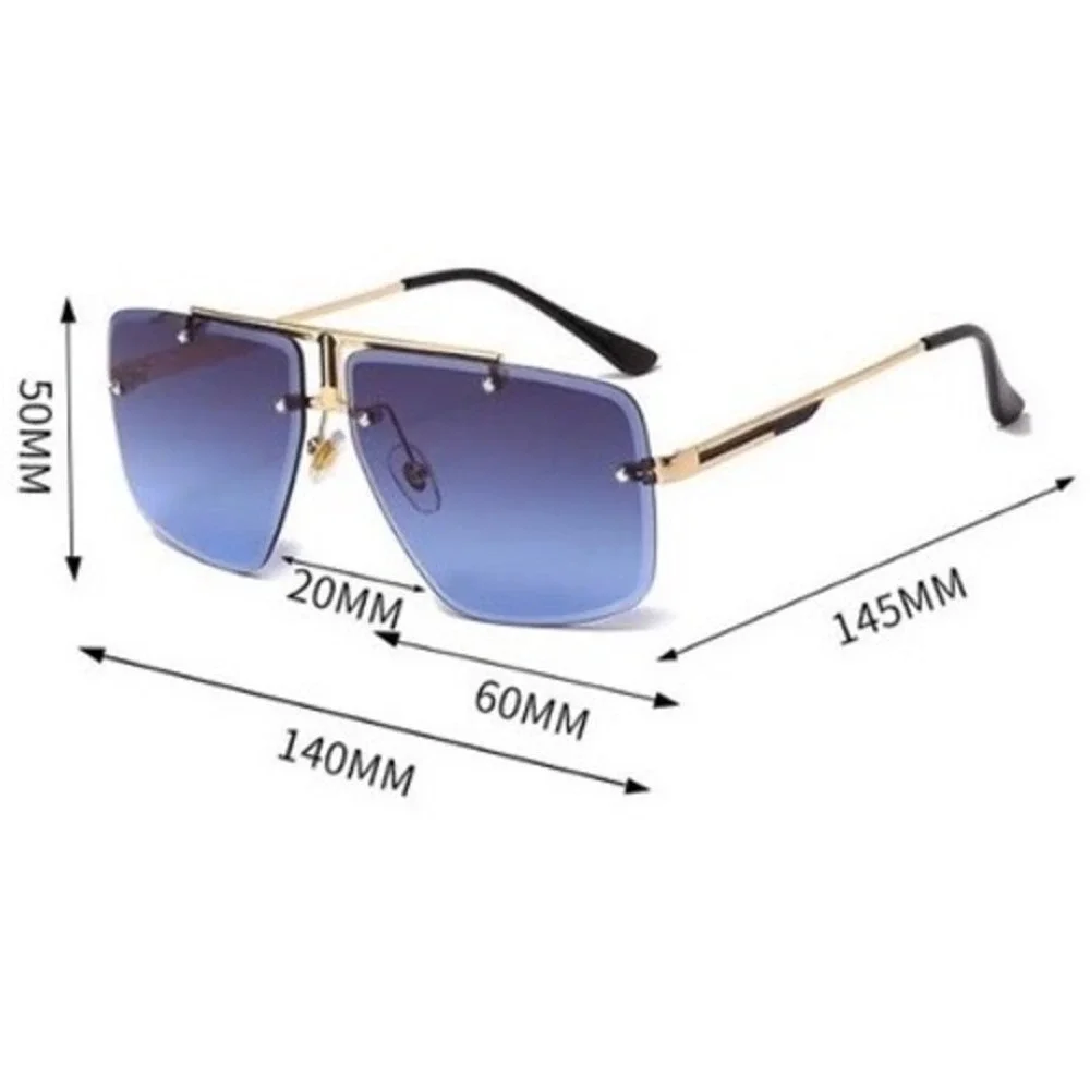 Men Rimless Square‎ Sunglasses Gradient Blue Lens Gold Frame Oversized Fashion